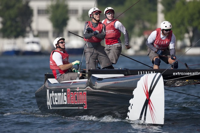 Artemis Racing skippered by Terry Hutchinson with teammates Sean Clarkson, Morgan Trubovich and Andy Fethers - Extreme Sailing Series Istanbul &copy; Lloyd Images http://lloydimagesgallery.photoshelter.com/